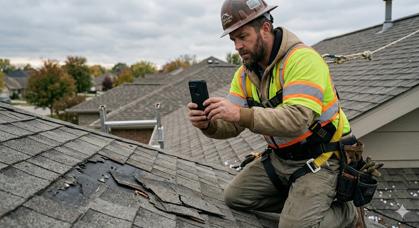 Roofing contractor documenting damage on a roof