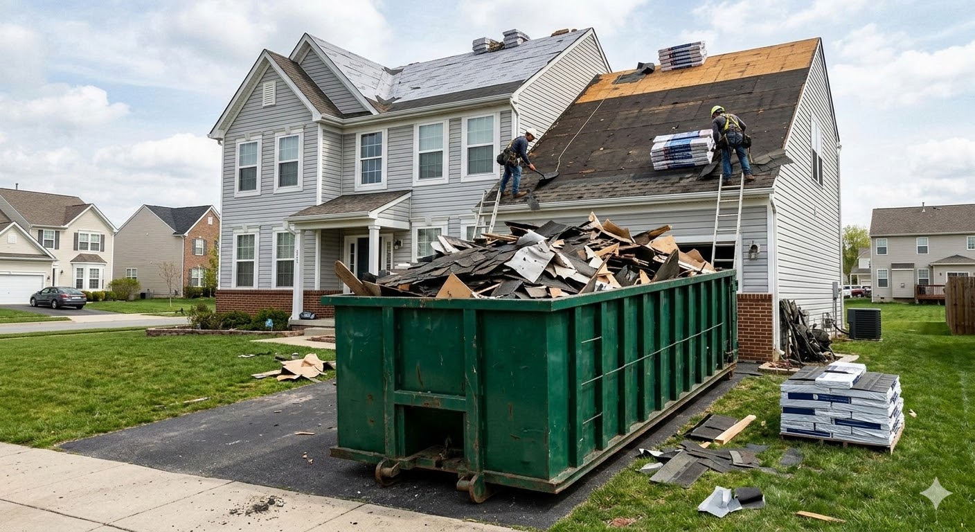 Dumpster filled with roofing debris during a tear-off