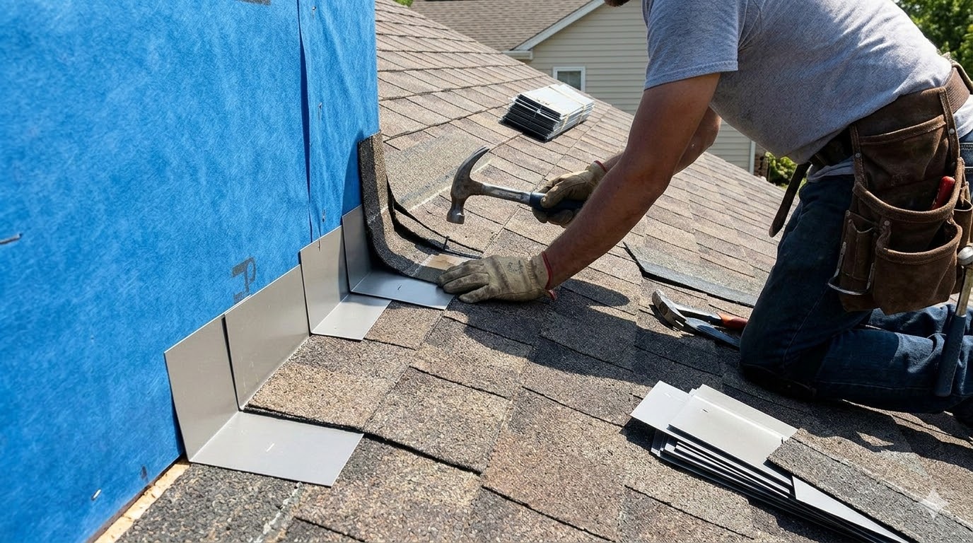 Step flashing installation at a roof-to-wall intersection